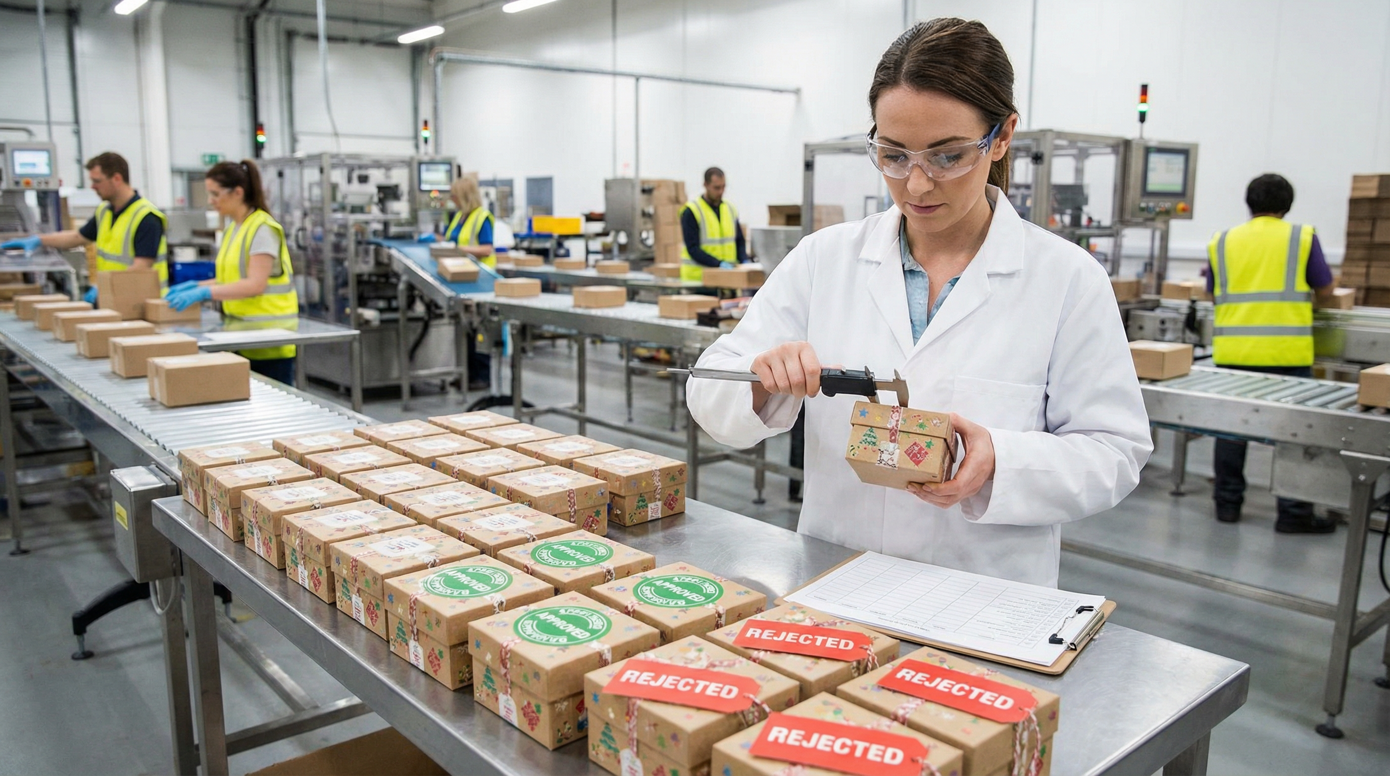 品檢人員檢驗禮盒成品