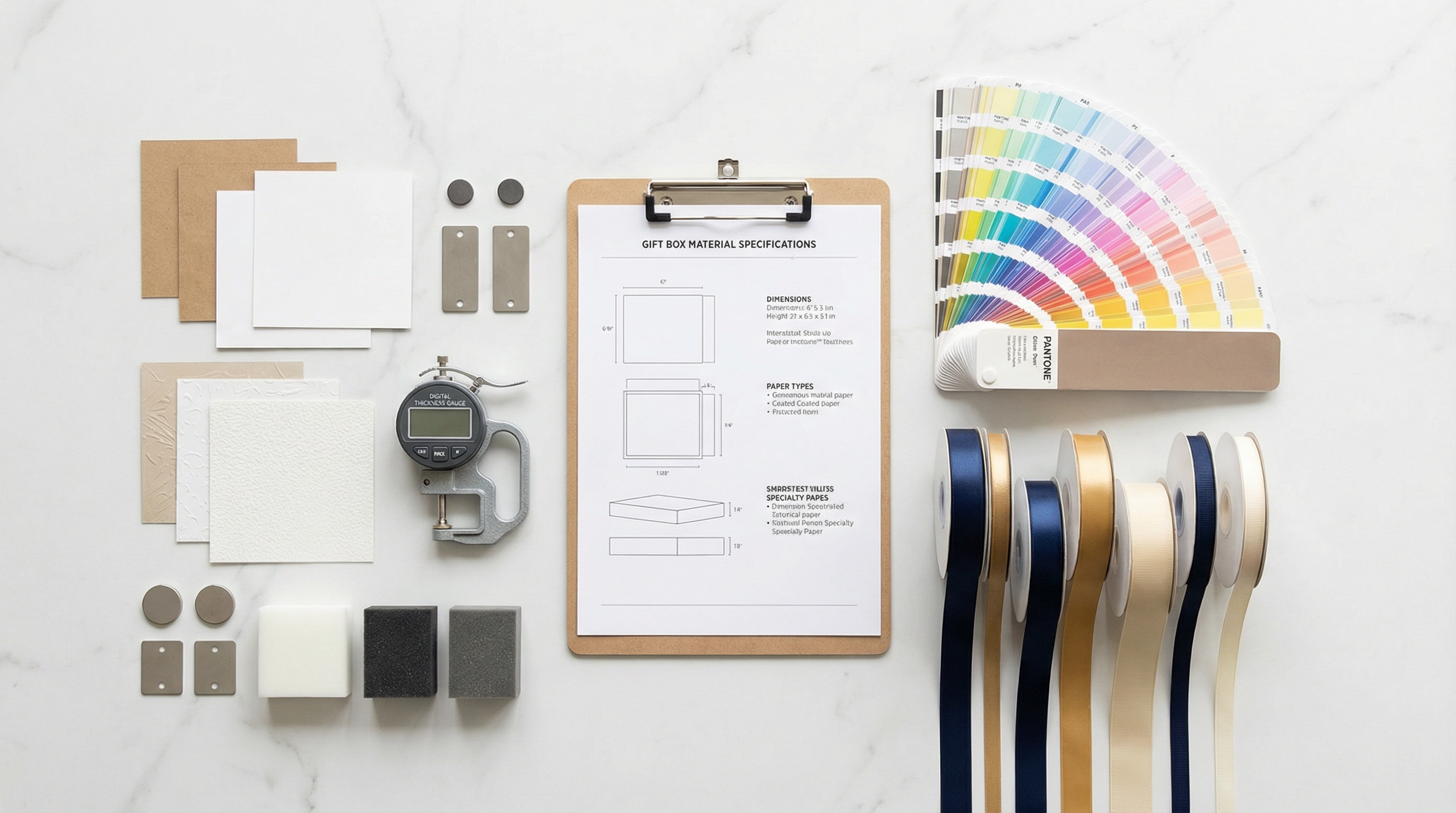 禮盒材質樣本與規格參考表，包含紙材、色卡、緞帶等選項